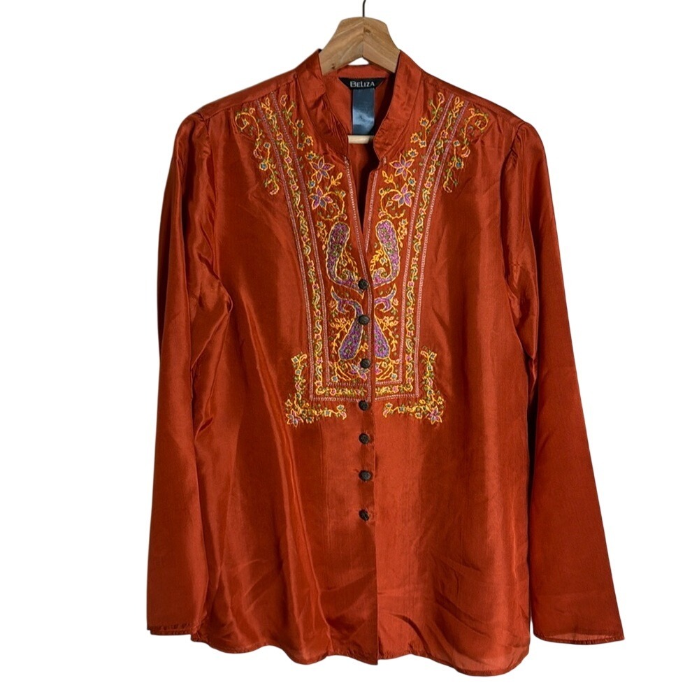 Beliza Women's Embroidered Silk Tunic Top Burnt‎ Orange XL